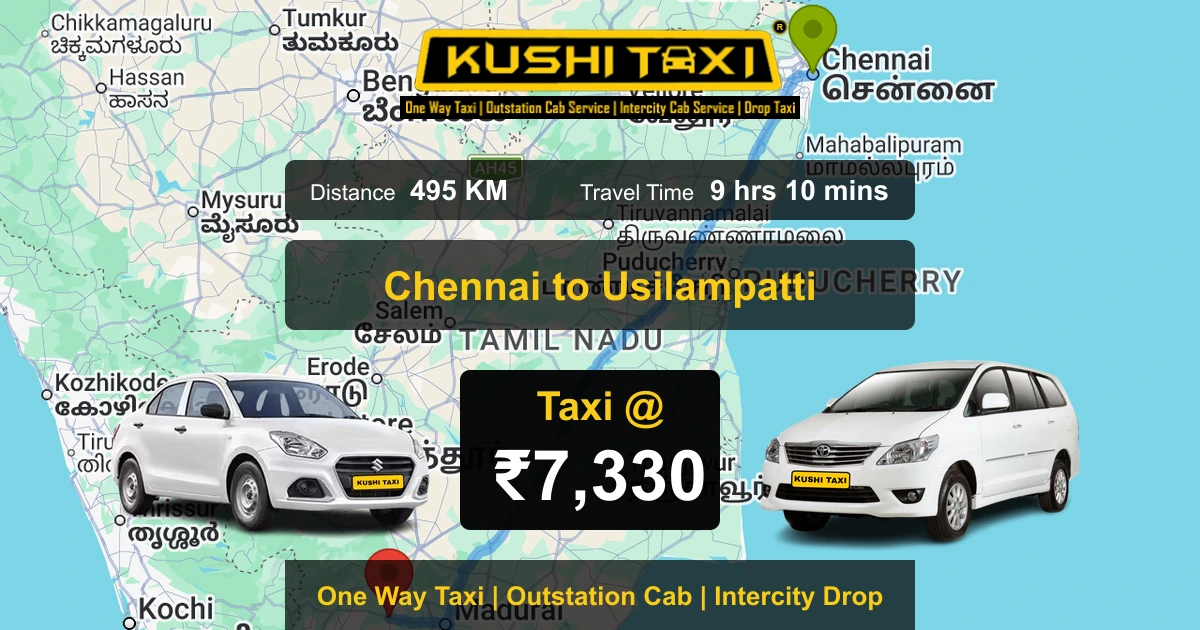 Chennai to Usilampatti taxi route map with distance, travel time and fare