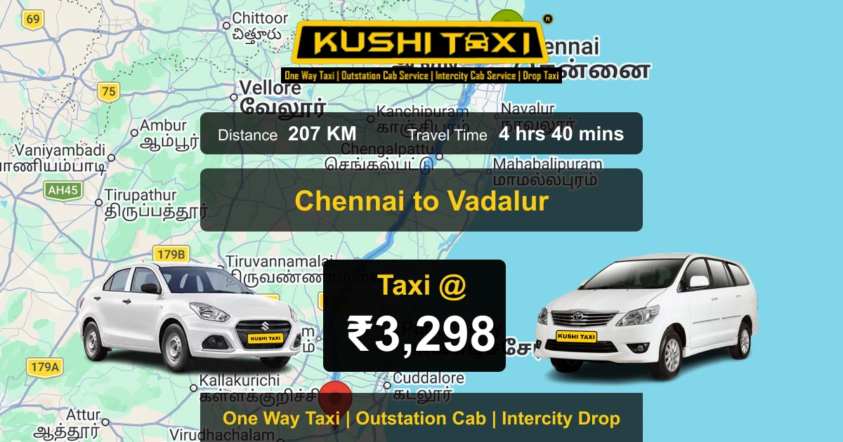 Chennai to Vadalur taxi route map with distance, travel time and fare