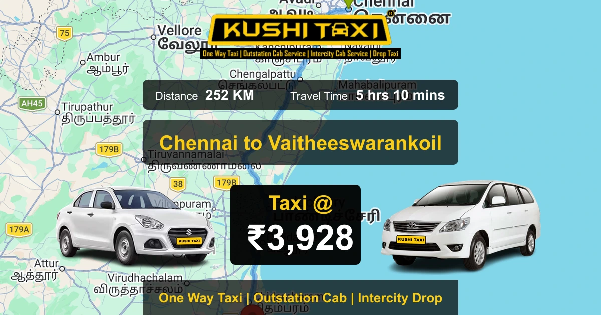 Chennai to Vaitheeswarankoil taxi route map with distance, travel time and fare