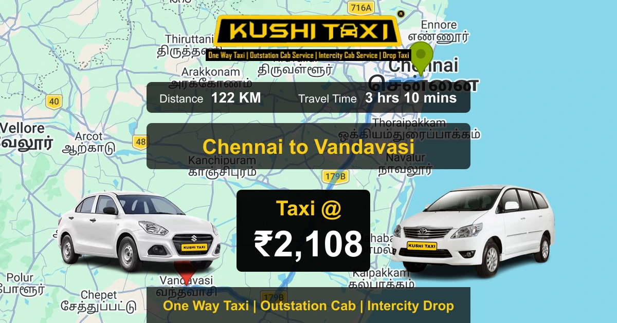 Chennai to Vandavasi taxi route map with distance, travel time and fare