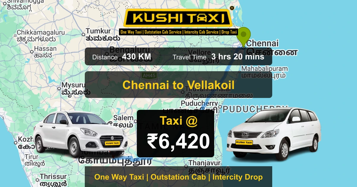 Chennai to Vellakoil taxi route map with distance, travel time and fare
