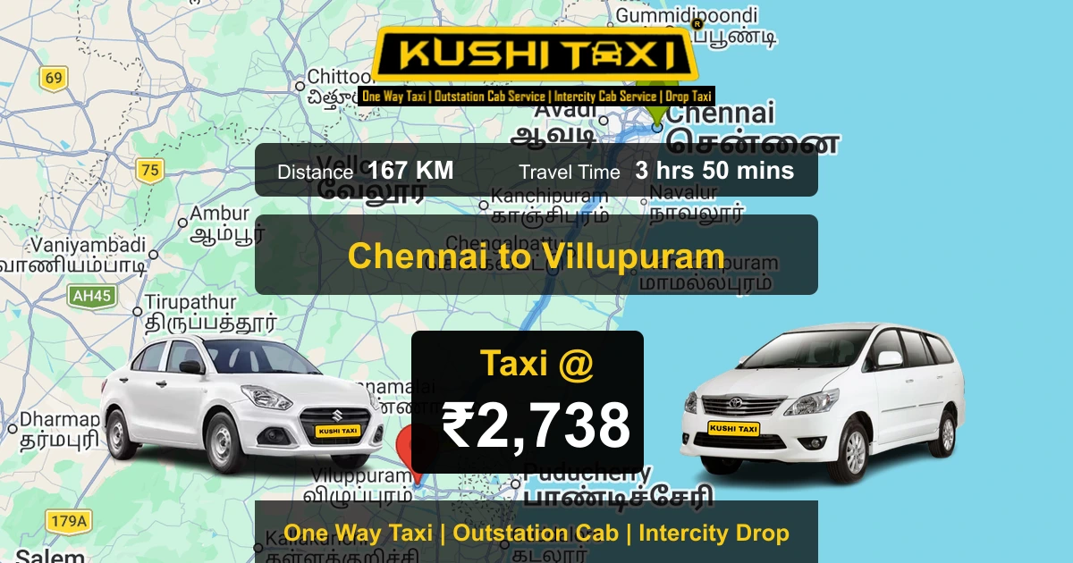 Chennai to Villupuram taxi route map with distance, travel time and fare