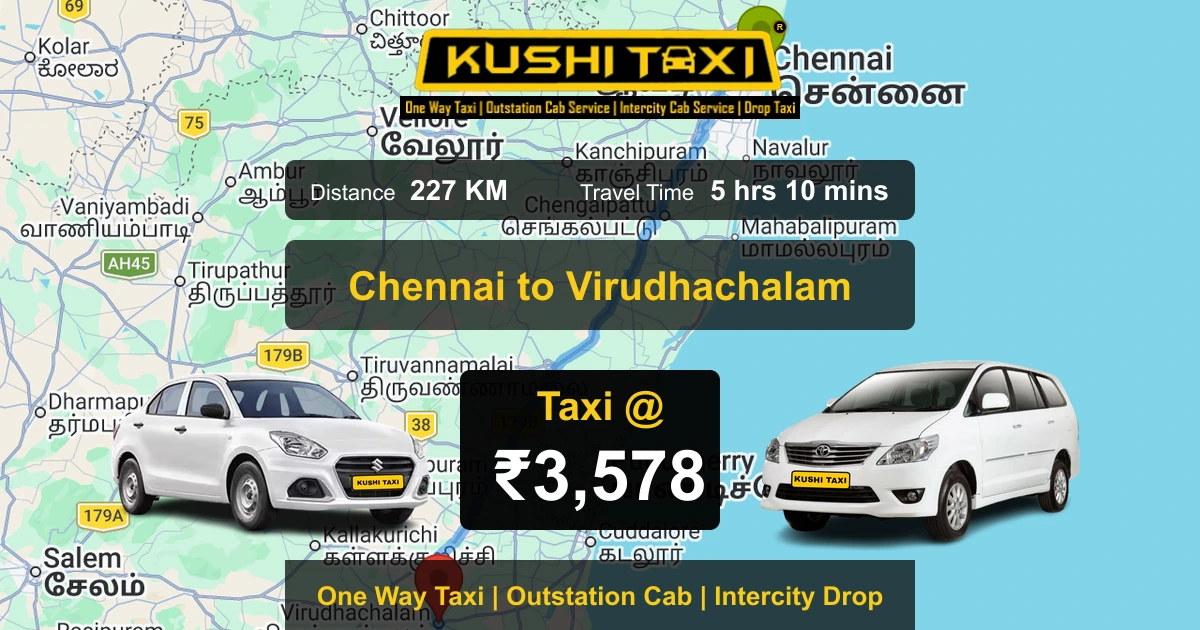 Chennai to Virudhachalam taxi route map with distance, travel time and fare