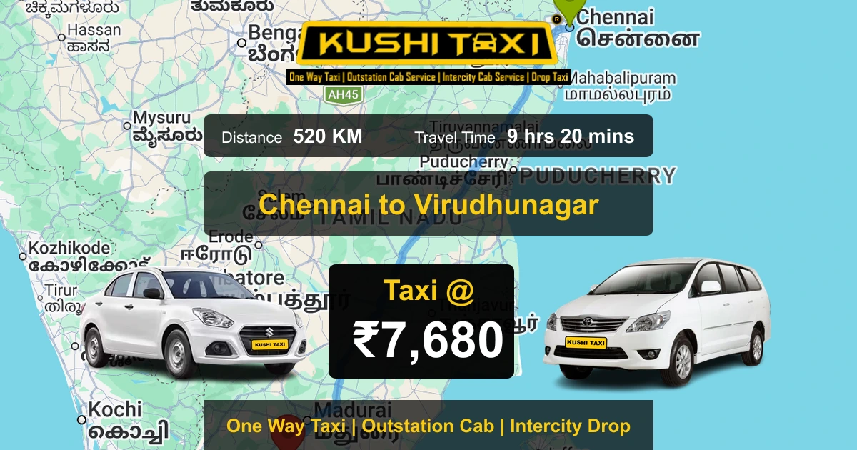 Chennai to Virudhunagar taxi route map with distance, travel time and fare